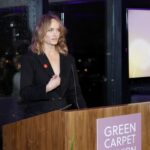 Amber Valletta Instagram - A surprise moment during the Green Carpet Fashion Awards; @AmberValletta challenging guests to eat their jeans! Pasta was served with tomatoes 🍅 grown using @candianidenim COREVA denim - the same material was used to create her bespoke dress designed by @triarchy. @triarchy: "We are very proud to create a bespoke look for Amber using our plastic-free stretch denim. As this is a "green" carpet, we wanted to design something unexpected using denim. Our first thought was a dress, but we have always been inspired by a woman in a classic tuxedo. The result was an amalgamation of the two." The short tuxedo jacket features a traditional double lapel collar, button front, and slim sleeves. The back features a feminine low scoop to give a formal element to the design, which was executed using plastic-free stretch denim in sustainable onyx black. #GreenCarpetFashionAwards #CanYouEatYourJeans? #CorevaDenim #Triarchy #Candiani #ambervalletta