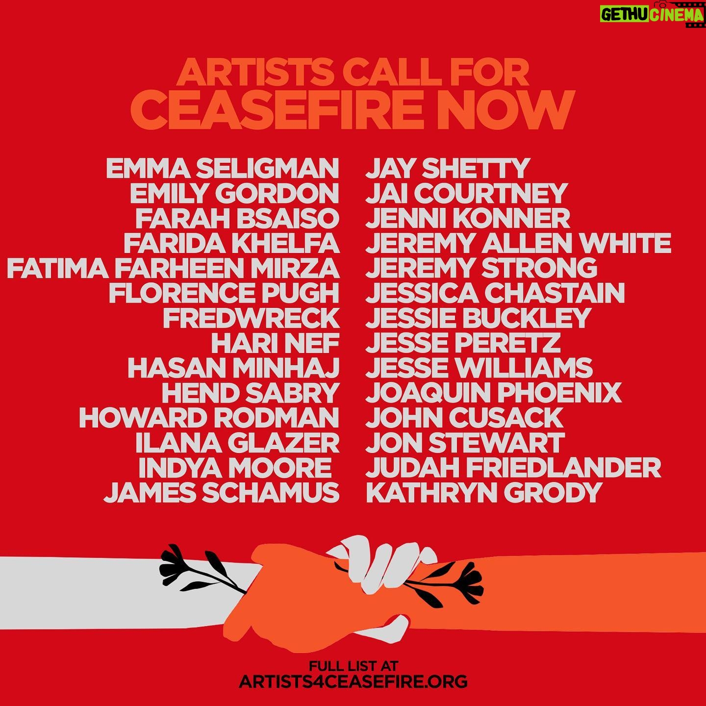 America Ferrera Instagram - We come together as artists and advocates, but most importantly as human beings witnessing the devastating loss of lives and unfolding horrors in Israel and Palestine. Please join us in demanding that Congress, @POTUS, and other world leaders call for an immediate de-escalation and ceasefire in Gaza and Israel before another life is lost. We must facilitate a ceasefire without delay – an end to the bombing of Gaza, the safe release of all hostages, and adequate access for humanitarian aid to reach the people that desperately need it. Read our full letter at artists4ceasefire.org