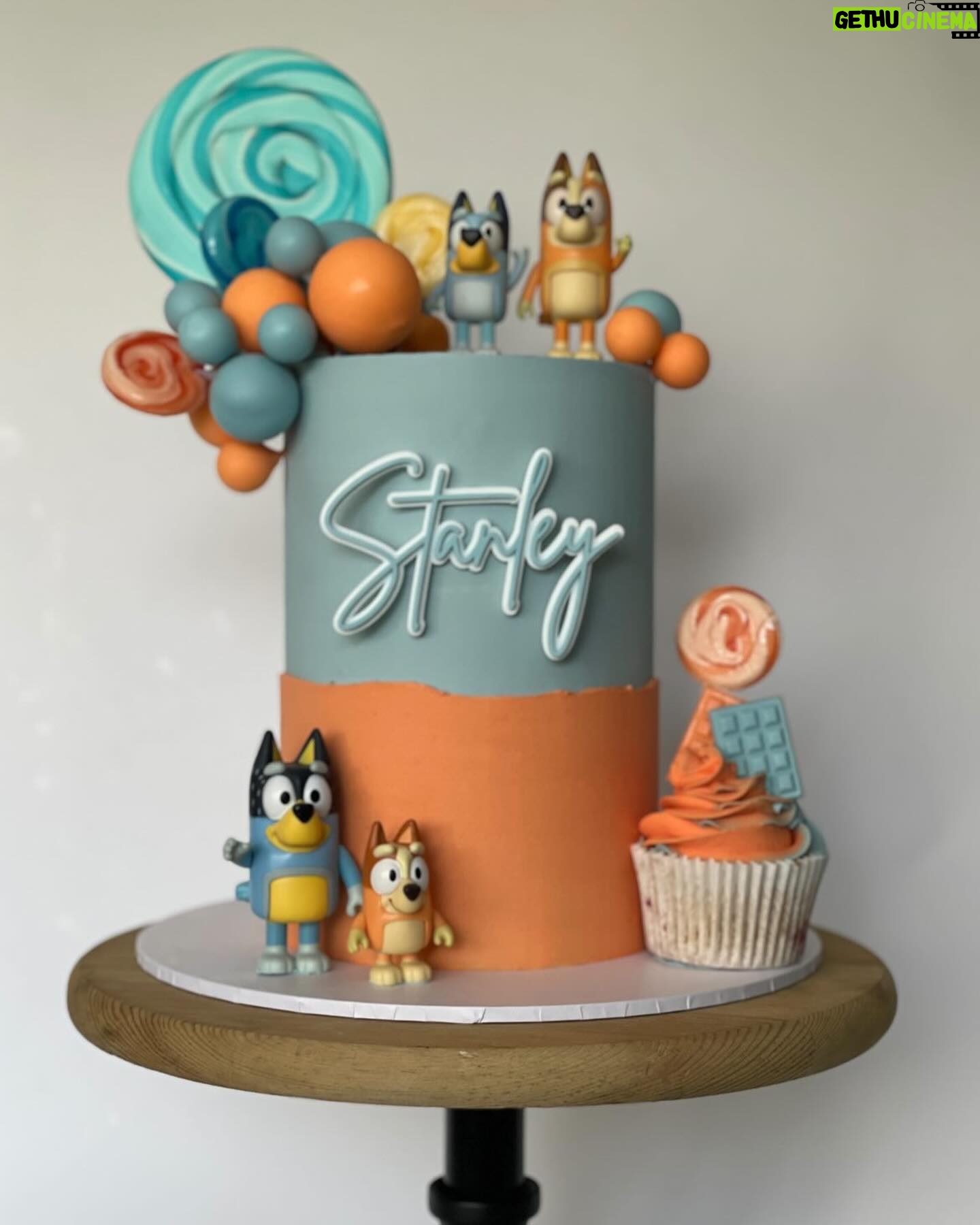 Amy Hart Instagram - This Episode Of Bluey Is Called Stanley’s First Birthday 🎂 💙🩵 The best time for my little boys first birthday 🎁 Theme:I looked on Pinterest and sent @everylastdetail_x a reeeally long voice note and as always they delivered!!! Even down to themed waters, biscuits from @thecupcakecollectionx , dog bowls instead of plates and little bone name tags 🥲. Roll on my UK hen do!! Food: I got pizzas for the adults, lots of different cans of drink and my Nan brought some cupcakes 🤣 For the babies I just went online and ordered so so many @kiddyliciousuk snacks. Felt this was the best zero waste option as now our cupboard is stocked with the ones we didn’t use!! My mum also did a tray of sandwiches and a tray of chicken dippers and sausages. Activities: We used two local family run companies, @rentyoureventsussex for the bluey soft play and DSH Leisure for the bouncy castle. I had DSH castles my whole childhood so really special that we can now use them for Stanley!! We also had @one_stop_partyshop come along with Bluey herself! I tried to book the full 2 hour party but they recommended that we just did 30 mins and it was fab! Games, singing and dancing and a meet and greet! I also used to do panto with Blueys party assistant so it really was the most Worthing party you can get 🤣 Cake: We used @kellyscakes_ We had white chocolate and raspberry (Stanley’s faves) and it was sooo good! Also very reasonably priced and I finally managed to order a cake for the size of the guest list and not for the feeding of the 5000!! Outfit: @indielledesigns 💙 my go to for seasonal clothing! Party Boxes: I had seen adopt a floppy on Pinterest so asked @my1styears if we could do a bulk order of the bunnies, they took it extra and gifted everyone a personalised denim jacket 😢 I also bought a box of bubble wands off Amazon and each child got a little book too! (Little libraries, also from Amazon!) (m1y also gave me a discount code which is AMYHART10 xx)