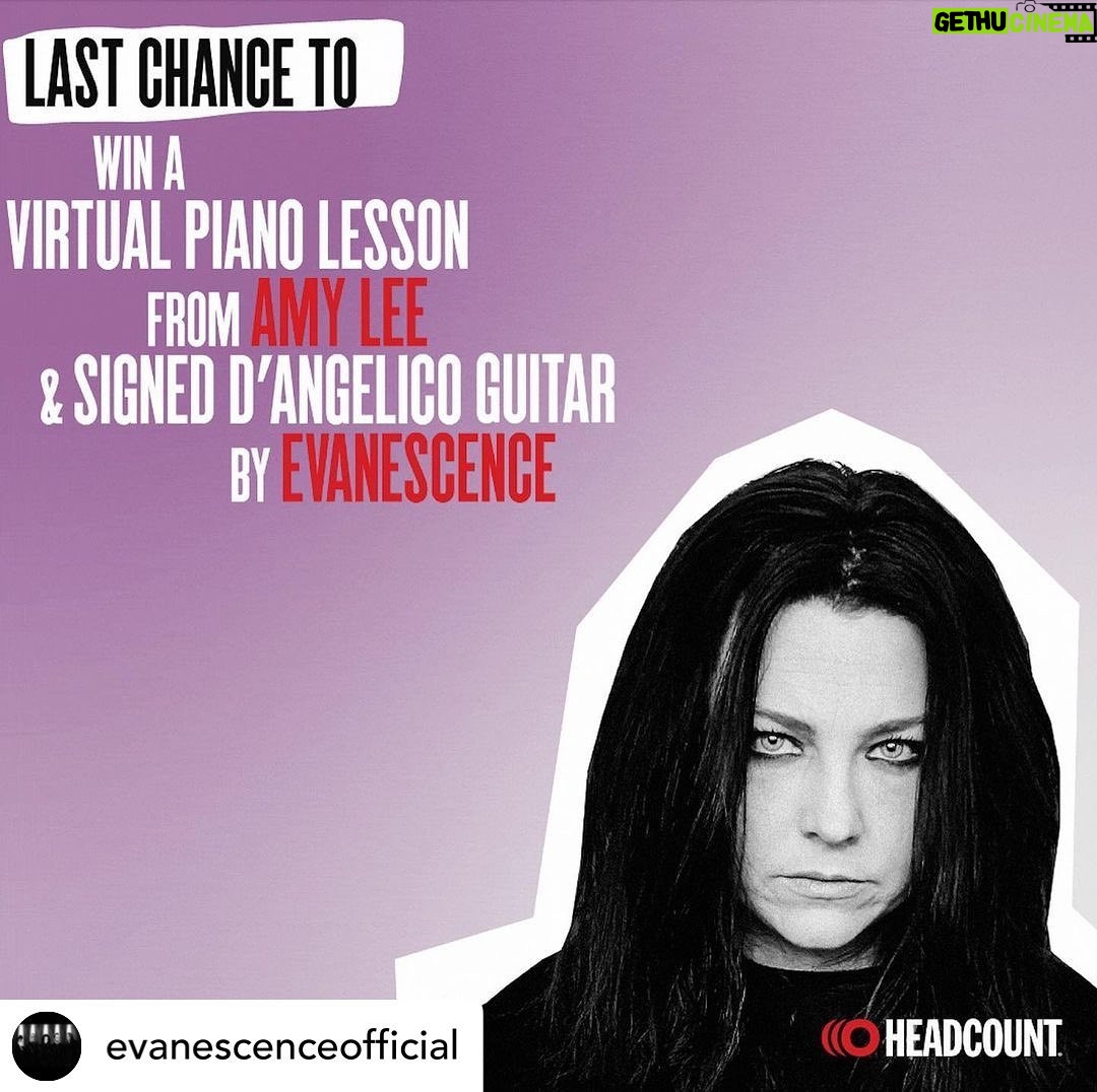 Amy Lee Instagram - #REPOST @evanescenceofficial — 🚨 LAST CHANCE to support @headcountorg and win big! I’ve teamed up with @winwithfandiem & @dangelicony to give away a 30 min virtual 1-on-1 piano lesson with me! In addition, you’ll win a D’Angelico SIGNED guitar by @evanescenceofficial as well as tickets & VIP soundcheck package to an upcoming show of your choice 🖤 *Contest ends Sept. 22! (LINK IN BIO)
