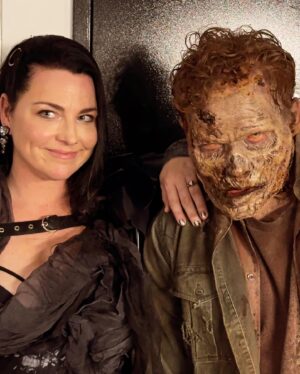 Amy Lee Instagram - Had a lovely night with AMC last night for their upfronts event, where I had the honor of playing a special version of Bring Me to Life with my good friend and accomplice Dave Eggar as beautiful clips from Interview with the Vampire and Mayfair Witches rolled and petals fell from the ceiling. And oh yeah there were zombies everywhere! As a long time Anne Rice AND Walking Dead fan this was super cool. Thanks for having me! 
My awesome dress was made by @callandresponseclothing
Harness by @vexclothing
Jewels by @onauratoutvu
Styled by the always fabulous @marjanmalakpour