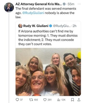 Ana Navarro Instagram - Oooh. This is so delicious. Rudy Giuiliani has been holed-up, hiding from servers in the AZ case. They showed up time and again to serve him at his homes, and never got past the doormen. Last night, during his 80th birthday party, and just an hour after he’d taunted AZ authorities, THEY GOT HIM! They were finally able to serve his ghoulish ass. Happy birthday, Rudy. You ruined the lives of those two election workers in Georgia and helped endanger Democracy. So no, I’m not shedding any tears for you. 🎂