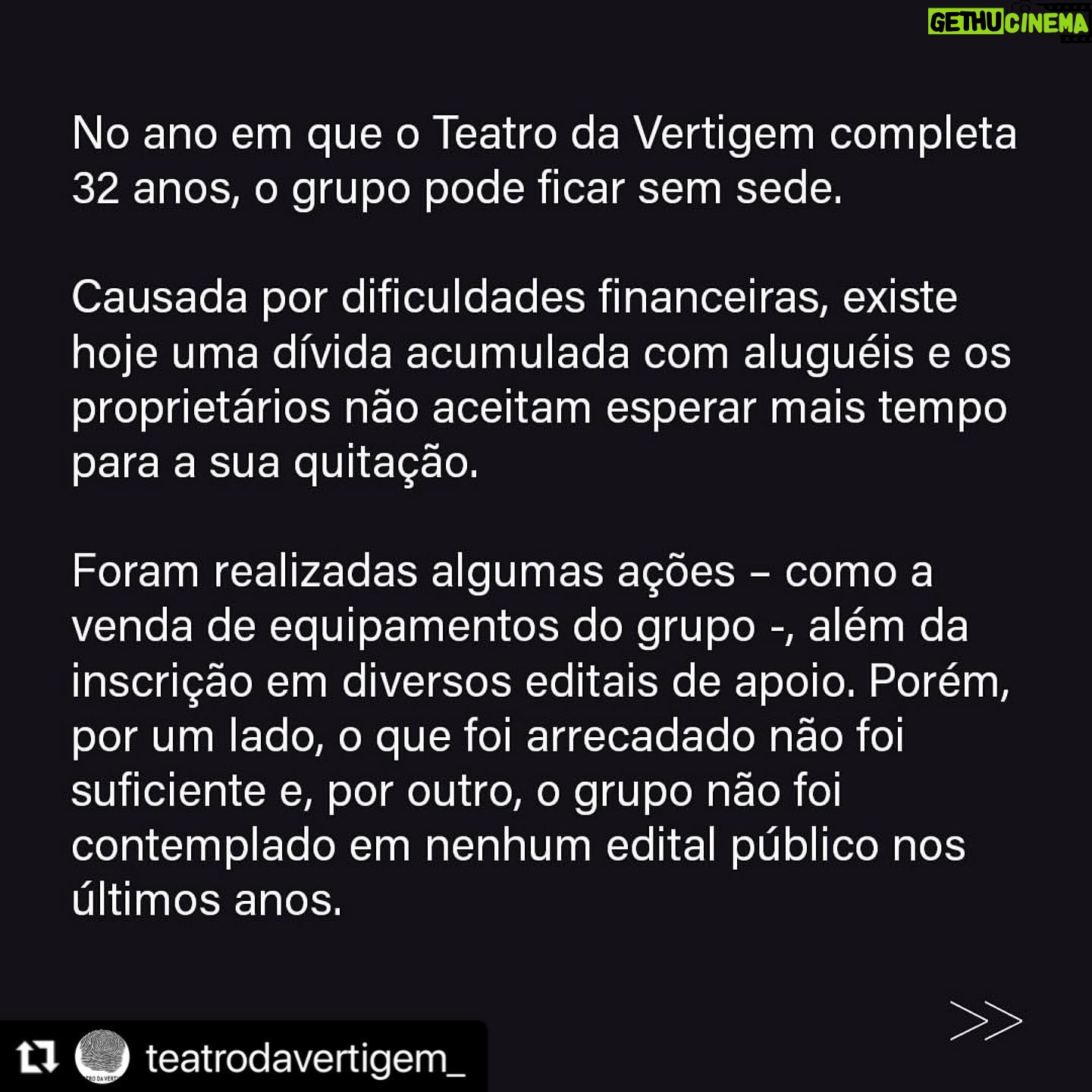 Andréia Horta Instagram - Antônio Araújo e Eliana Monteiro foram mestres em meu caminho no início de minha formação profissional em São Paulo. Fui aluna do Tó entre 2002 e 2004 na Escola Livre De Santo André e em 2004 entrei para a companhia Teatro da Vertigem onde fiquei por 1 ano. Aprendi muito ali. Aquelas experiências pautaram meu olhar e me deram base firme. É lamentável que estejam passando por isso com a pesquisa e imensa colaboração que esse grupo tem a oferecer a cada pessoa que assiste aos seus trabalhos. Se você puder, colabore com o que for possível.
