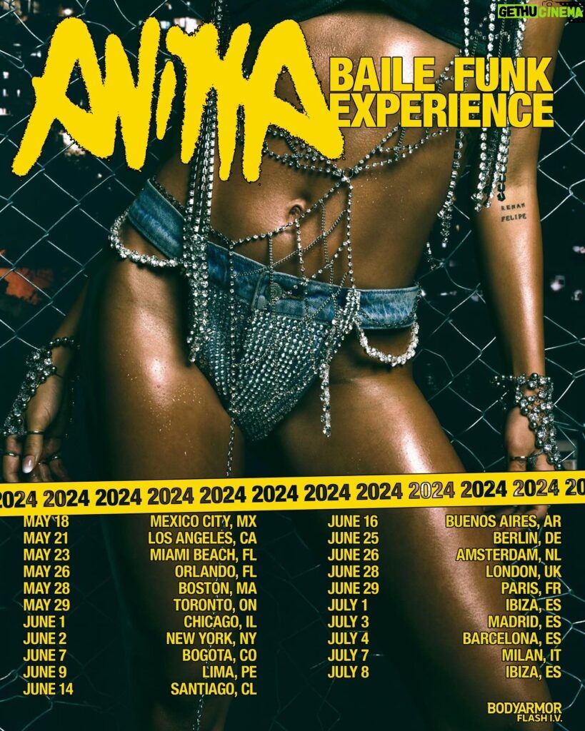 Anitta Instagram - The #BaileFunkExperience is about to take over the worlddddd! 🌎🔥 I am absolutely thrilled to announce I’m preparing my first world tour to spread the energy of Brazilian funk across 13 countries, so you can party with me in a unique, intense, and up-close way! Get ready to feel the funk like NEVER before!🇧🇷🔥🍑 #BaileFunkExperience goes on sale on Friday April 12th. So mark your calendars and tell me where I’ll see you? 👀🌎