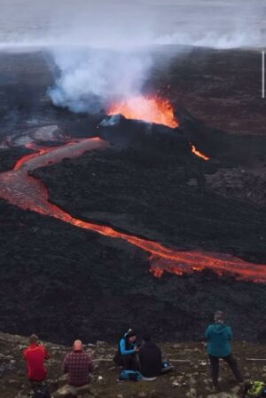 Anníe Mist Þórisdóttir Instagram - New Eruption in Iceland, close to the Blue Lagoon 🌋 

4th eruption in 3 years and this time the crack just over 4km long.  Pretty insane to look at, everyone safe and all houses and towns at least for now 🙏❤️

Video by @reykjavikexcursions 
#iceland #volcano #besafe