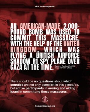 Annie Lennox Instagram - 🚨 ISRAEL IS BURNING PEOPLE ALIVE IN RAFAH - TAKE ACTION NOW 🚨 

Israeli occupation forces have conducted one of their most brutal and devastating massacres in Gaza, bombing a tent camp housing displaced people in a designated ‘safe zone’ in Rafah, killing over 45 Palestinians. The attack ripped victims to shreds, including the complete decapitation of a child, and caused widespread fires that burned people alive in their tents, according to witnesses and videos posted online.

Four days prior to this massacre, occupation forces told Palestinians to move to an area it calls “block 2371,” designated a “safe area.” This served as the target location for the massacre, after deliberately encouraging desperate Palestinians to seek refuge there.

“We were sitting in tents, and suddenly the camp was bombed. I lost five people from my family, all of whom were completely burned, among them pregnant women. Every time they told us that this area was safe until we were bombed. We left the area east of Rafah to the west of the city, thinking there was safety, but now there is no safe place in Gaza. There are massacres everywhere,” said Majed al-Attar, a displaced person from Beit Lahiya.

An American-made 2,000-pound bomb was used to commit this massacre, with the help of the United Kingdom, which was flying a British Airforce Shadow R1 Spy Plane over Gaza at the time.

There should be no questions about which counties are not only complicit in this genoc/de, but active participants in arming and aiding Israel in committing these massacres.

👉 EMAIL YOUR ELECTED OFFICIAL NOW! USE THE FREE TEMPLATE IN @humantiproject’s bio or visit HumantiProject.org 👈

———-

Correction: 
- Slide 7: ICJ not ICC