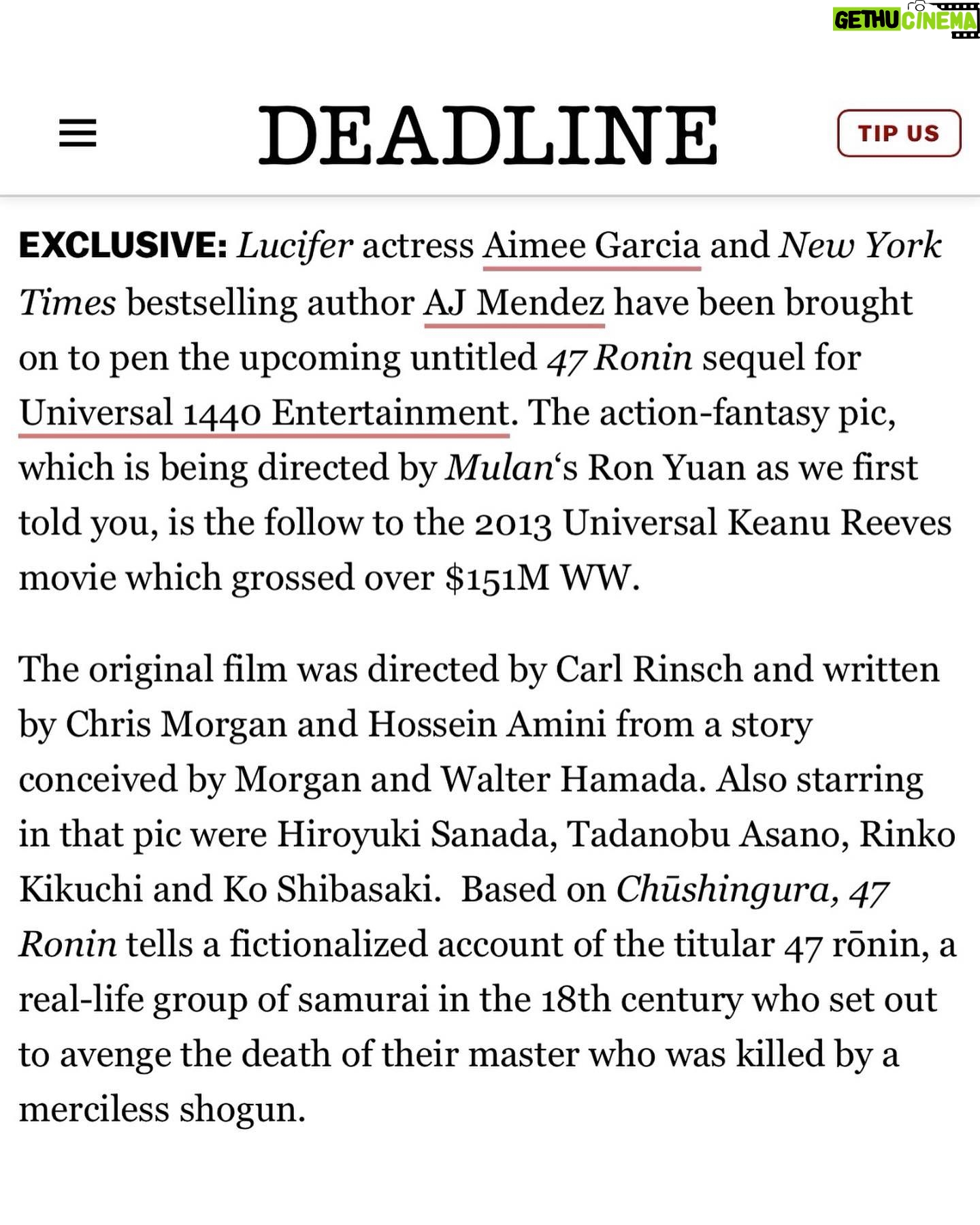April Jeanette Mendez Instagram - I am unbelievably honored to work with Universal 1440, @ronyuan, and @aimeegarcia4realz on bringing this film to life! Thanks for the exclusive announcement @deadline! Link in bio to read more! #47roninsequel