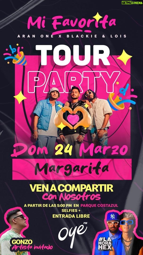 Arán de las Casas Instagram - ARRANCAMOS LA SEMANA SANTA 2024 ESTE DOMINGO 24!!! 💪🏻 Mi Favorita Tour Party llega a Margarita🫶🏻🩷🏝️ @aranone y @blackieblk & @loispurity llegan con todo el combo a prender la isla de Margarita. GRACIAS por invitarnos a formar parte de esta locura 🎉💥 . A las 5 de la tarde es en la feria del @parquecostazul Fotos, compartir, encuentro con los medios y vacilando con ustedes. . Y En la noche🔥🎉 la rumba es en @goa007mgta Vacila el LineUP👇🏻 @aranone @reggiautentico @blackieblk @loispurity @kingtanaoficial @gxxnzo @yomardj @djnikomena @tonyromano__ 🔥🔥🔥🔥 . Cóctel GRATIS para las mujeres hasta la 1am. . @oye.fm @caribe93.5fm