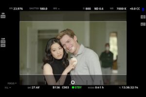 Arden Cho Instagram - Swipe to see the true behind the scenes of this photo @domsherwood can’t believe they actually caught us both smiling at the same time hehehe #silly #setlife #PartnerTrack #Murphy #Ingrid