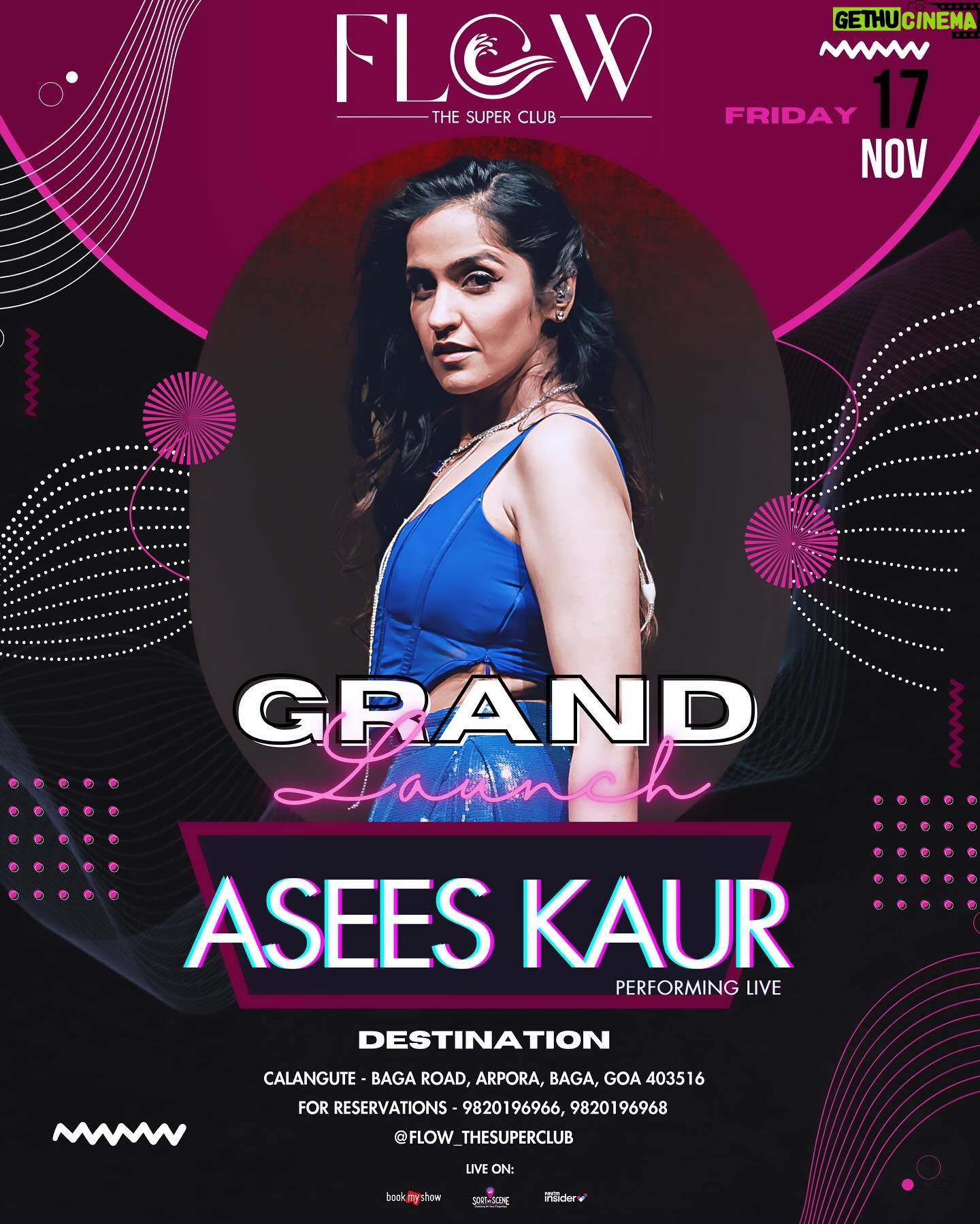 Asees Kaur Instagram - GOA !!!! Catch me performing live at @flow_thesuperclub on 17th November. For tickets and reservation π 9820196968/ 9820196966 See you all there !! Letβs partyyyyy ππ #aseeskaur #live #gig #Goa