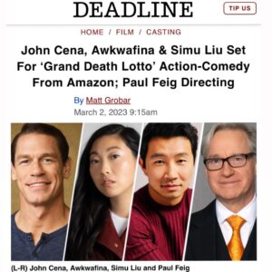 Awkwafina Instagram - I am so excited to finally announce GRAND DEATH LOTTO and our amazing cast. I am so happy to team up with @johncena and @paulfeig, not to mention reuniting with my onscreen bestie @simuliu who rounds out our cast!!