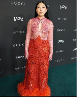 Awkwafina Instagram - Last night ❤️

Thank you @lacma and @gucci for an amazing evening celebrating art + film

And thank you my pot luck rockstars:
@emilychengmakeup 
@kyleeheathhair 
@thuybnguyen 
@ecduzit 
@maddielouviere