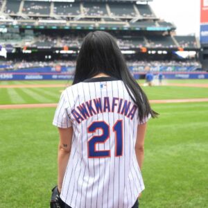 Awkwafina Instagram - Yesterday at @citifield , I was able to throw the first pitch out to my dad (a devoted lifelong Mets fan) to celebrate the premiere of @norafromqueens in my hometown. What an unforgettable day - thank you @mets and @citifield for having me, it was a dream come true. 

Photo cred @msimages