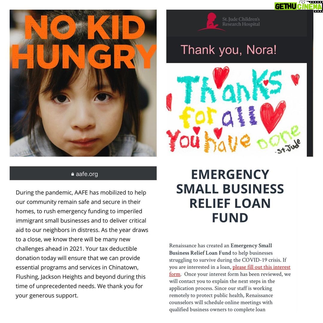 Awkwafina Instagram - Happy holidays everyone - sending my love to you and your families. This year has been a tough one. And every day my heart hurts for those who have lost loved ones, or have seen their livelihoods fall apart. For as long as I can remember, my grandma has sent $50 to St. Jude’s Children’s Hospital every year for Christmas. Instead of gifts this year, it felt right this holiday season to help those who have been affected by the pandemic. @serviceworkerscoalition is a grassroots nonprofit providing Covid relief to hospitality and service workers laid off during the pandemic. @nokidhungry advocates for children across the country to ensure that they can still be provided with meals as schools remain shuttered. @aafenyc has launched an emergency covid relief fund to help immigrant-run small businesses affected by the pandemic, with a focus on Chinatown, Flushing and Jackson Heights. @stjude aims to advance cures and means of prevention for pediatric catastrophic diseases through research and treatment. Love you all, and I’ll see you in 2021. Los Angeles, California