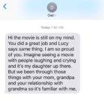 Awkwafina Instagram - Woke up to this text from dad, who came out to see @thefarewell yesterday. We’ve talked a lot about universality, a way for many to personally relate to something so specific. To everyone who came out last night, and especially to the people who had to evacuate the theater mid-movie due to the power outage, AND to the people that still came out after the city went dark - THANK YOU for watching our movie, hearing our stories. Call your grandma.
