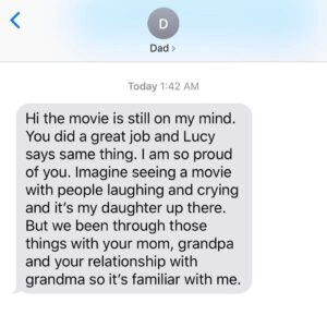 Awkwafina Instagram - Woke up to this text from dad, who came out to see @thefarewell yesterday. We’ve talked a lot about universality, a way for many to personally relate to something so specific. To everyone who came out last night, and especially to the people who had to evacuate the theater mid-movie due to the power outage, AND to the people that still came out after the city went dark - THANK YOU for watching our movie, hearing our stories. Call your grandma.