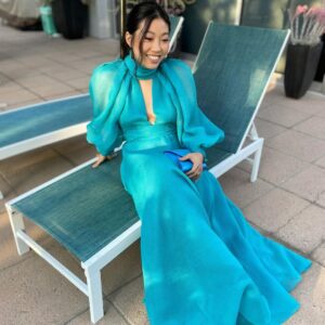 Awkwafina Instagram - #Emmys2021 @televisionacad 💙 

@emilychengmakeup 
@kyleeheathhair 
@thuybnguyen 
@ecduzit 
@maddielouviere 
Wearing: @moniquelhuillier @gucci