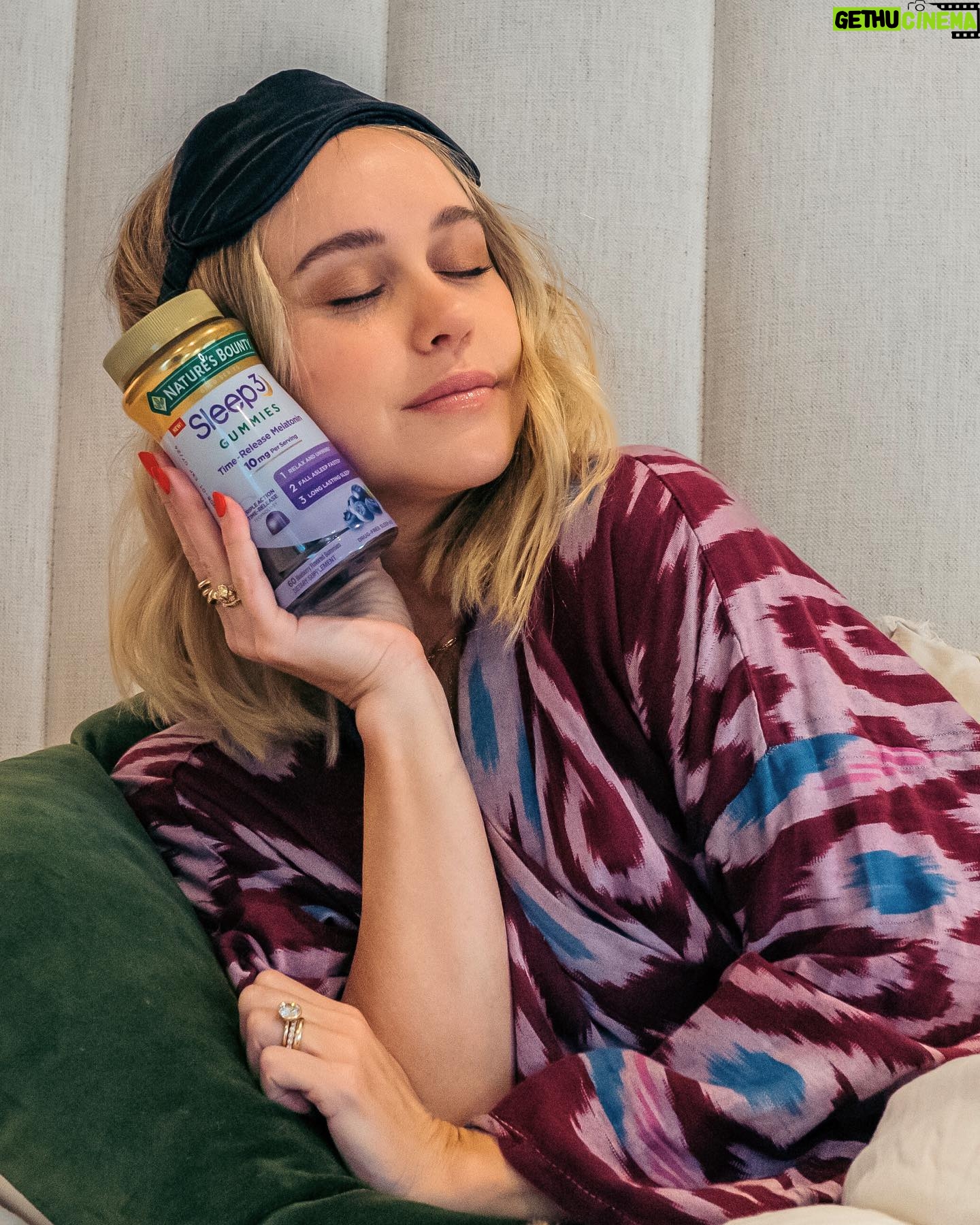 Becca Tobin Instagram - #ad | You’ve never met someone who loves her sleep more than me! I recently discovered @naturesbounty Sleep3 Gummies and now I (barely) notice when Barbara the dog smothers me all night long. These drug free gummies help me fall asleep faster, and stay asleep longer!* For occasional sleeplessness* *These statements have not been evaluated by the Food and Drug Administration. This product is not intended to diagnose, treat, cure or prevent any disease. #MyBestwithNaturesBounty #NaturesBounty