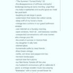 Beth Behrs Instagram – Inspired by my dear friend @sophiewardkoren ‘s beautiful Substack newsletter, I decided to write 50 things I’m  savoring this month! 💛such a beautiful practice in awe and gratitude ! 

July! 50 things I’m savoring:
-3pm yoga Nidra
-“The Summer I Turned Pretty” S2
-the disappearance of stiffness and joyful birdsongs during an early morning  yoga flow
-my baby’s eyelashes and soulful gaze as i hold her post bath 
-laughing at wet dogs in pools
-watermelon that tastes like cotton candy 
-deep sniff of my horse’s mane
-vintage lace curtains in our guest bathroom window 
-Joni mitchell on a Sunday morning
-open windows, fresh air , and beeswax candles 
-unexpected conversations with wise women who change your life 
-the smell of summer in Central Park 
-my daughter in silly hats
-stained glass 
-homemade quilts by dear friends
-Elsie Green vintage 
-nettle, oat straw and peppermint tea
-Vermont landscapes
-apricot lane farm plums 
-our first Roma Tomato off the vine
-my husband’s anniversary gift to celebrate 5 years: a vintage wooden music box playing “Edelweiss” with a hand carved flower he painted and made himself 
-The Stoic’s wisdom 
-8 hours of uninterrupted sleep
-Betty Hutton 
-hot honey arrabbiata
-Blossom Dearie on vinyl 
-collecting sea shells 
-peacock feathers
-music journalism
-beeswax candles
-substack newsletters
-air conditioning and a great novel
-my baby’s swimsuit with ruffles
-long leisurely brunches with my mama and daughter 
-the art of surfing 
-BARBIE movie 
-pulse of Americana Spotify station 
-Pinterest boarding my dream life 
-the perfect shirt dress
-silk pj’s 
-blue horse ribbons 
-spicy green salsa 
-NY TIMES
-NY Times Crossword
-BOHM on creativity 
-compost trash bins (thanks LA city!)
-young climate activists
-journaling
-Western folk art 
-empowering finance books   podcasts