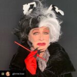 Bette Midler Instagram - FABULOUS!!!! Muah! #Repost with @Repostlyapp @glennclose Suiting up for BETTE MIDLER’S virtual HOCUS HALLOWEEN fundraiser for her remarkable NEW YORK RESTORATION PROJECT. I’ll be sure to post an invitation when I can. These pictures and video were shot by Seonaid “Sho” Campbell. HOMEMADE CRUELLA: Chopstick painted red = cigarette holder. Wig—online Red gloves with black nails = black gloves with nails under red gloves with cut off tips Leopard scarf=silk long Johns Dalmatian puppy ears= local Halloween store Coat = wardrobe from my movie The Wife Makeup: Didn’t have a really pale base so I tried baby powder. Looks weird on the side of my face. Not a rousing success. Also needed a liquid eyeliner...next time.