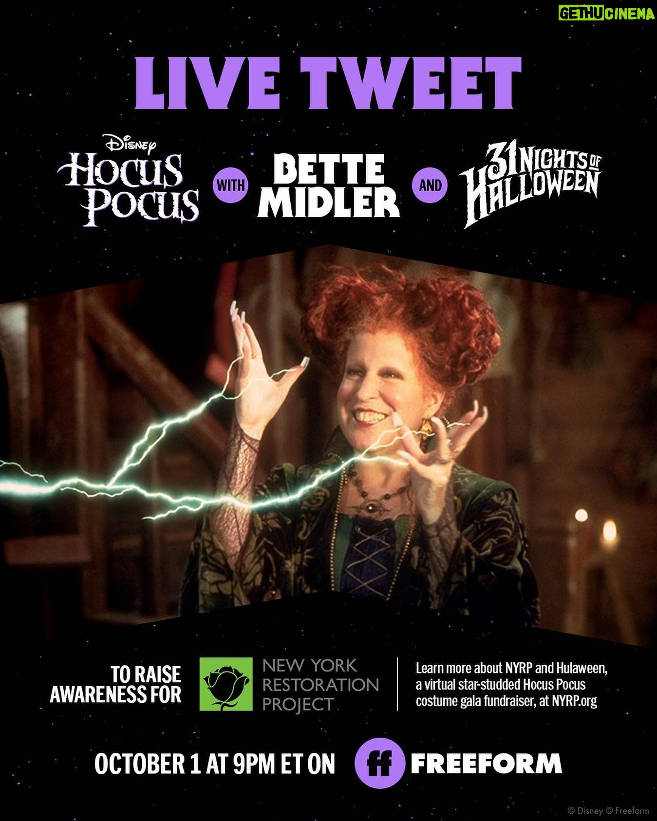 Bette Midler Instagram - ’TIS TIME … Join me to celebrate the first night of #31NightsOfHalloween on 10/1 at 9pm ET as I live tweet #HocusPocus on @Freeform to raise awareness for the New York Restoration Project! Learn more about @NYRP and Hulaween at http://NYRP.org