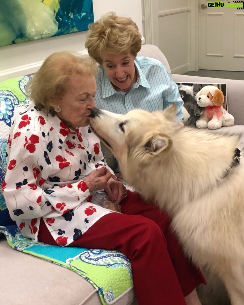 Betty White - 350.2K Likes - Today’s fun photo memory. I took this photo a few years ago when the wonderful Georgia Engel visited our office with her friend, Shyla, the hybrid wild dog. 😍😍