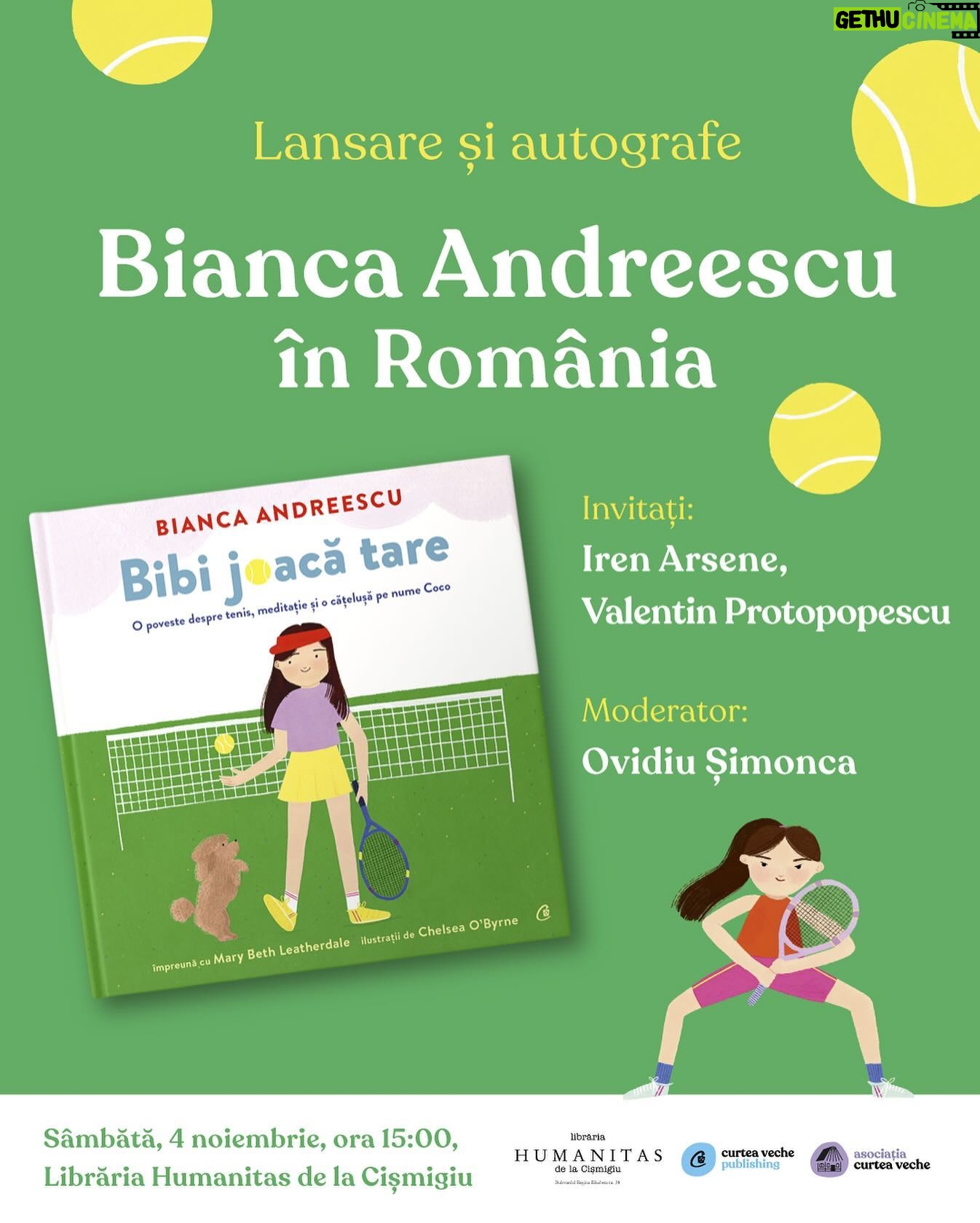 Bianca Andreescu - 693 Likes - I-a smuls Serenei Williams titlul de la US Open, a devenit adolescenta-campioană și a ajuns numărul #4 mondial. Vrei să faci cunoștință cu ea? 🎾 Jucătoarea de tenis româno-canadiană @biancaandreescu_ vine în România să își lanseze cartea pentru copii „Bibi joacă tare”. Hai să o întâlnești și să iei un autograf!
🗓️ Sâmbătă — 4.11.2023, 15:00
📍 Librăria Humanitas, Cișmigiu