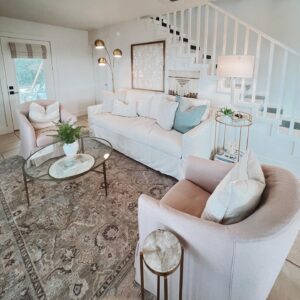 Blair Fowler Instagram - I spent spring break with my mom at our beach house down in the Destin/30A area that has been in our family since 1959. This is a sneak peek of what we have gotten done so far (swipe to see before pics for each view). I was supposed to only be here for 3 days, but ended up pushing my flight back twice to get more done 🙈 We might have cried, sweat and broken nails along the way… but man is this an improvement! The stairs will have a jute runner installed so ignore the black stripe down the center- we couldn’t paint it when we still needed to be able to walk up and down lol. Huge thank you to my parents for trusting me as their interior designer (almost- I graduate in May then have to work for 2 years before I can sit for my licensing exam) and giving me full reign to implement what I envisioned. Proud to say that my first portfolio project is one that we get to enjoy for years to come. Ps. Thanks to our contractor Josh for patiently putting up with my shenanigans 😂