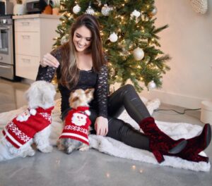 Blair Fowler Instagram - Who knew trying to get two pups to take a holiday photo was going to be so difficult? They did NOT want to look at the camera lol. But how precious are their sweaters 😱😱😱 I can’t imagine not including them in my favorite holiday activity: taking holiday photos for friends and family! Wearing these perfect holiday booties from @dswshoelovers and you best believe I’ll be wearing them all season. They’re called the “Tashley” boots and come in burgundy (what I chose), taupe, navy and black. I’m also going to rock them with a cute black dress and stockings and a deep red lip! What are your favorite holiday shoes? #MyDSW #ad #NoWrongWayToHoliday