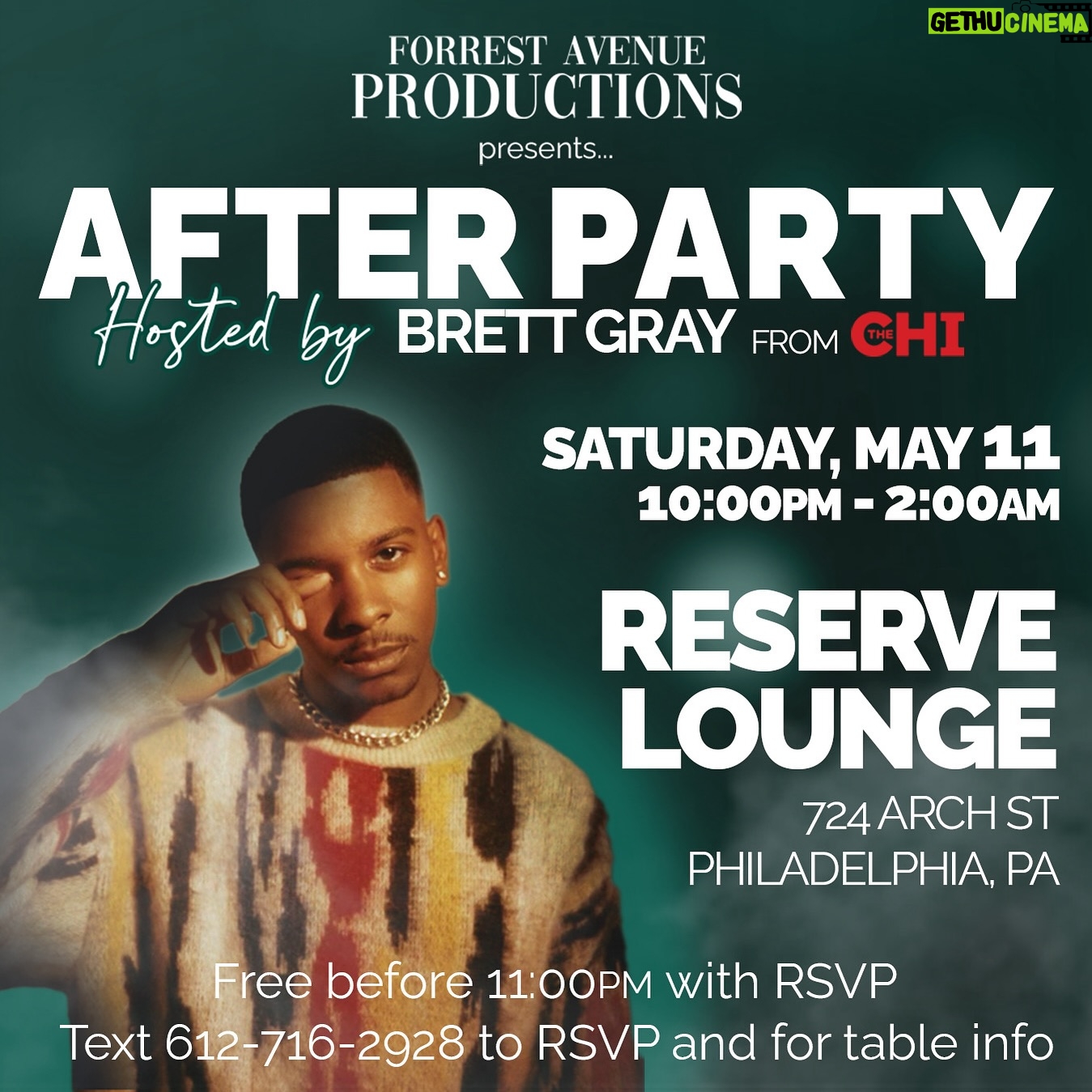 Brett Gray Instagram - Philly we outside this Saturday!! I hope y’all tuning into “the CHI” season 6 part 2 premiere this Friday @shothechi May 10th !! Pop out i’d love to see y’all this my first real after party in the city. Thank you @reservephl for the support we gone turn y’all up 🙏🏾 text that number if you need a table!!!