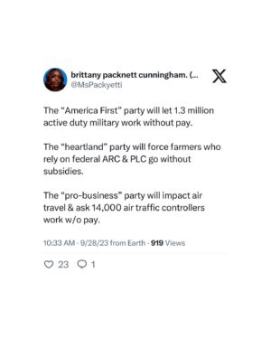 Brittany Packnett Instagram - @speakermccarthy I hope you know we can see you. AND @repmattgaetz of FL. AND @mattformontana OF MT. AND @reptimburchett of TN. AND @realannapaulina of FL. AND @rep.elicrane of AZ. AND @repandyogles of TN. AND @andybiggsaz of AZ. AND @repdanbishop of NC. AND @repwph of TX. AND @repcorymills of FL. 

And more than that: the God in whom you claim to believe can see you, too. 

So can the women and children on WIC, families w section 8, farmers, the people of the military, air traffic controllers and the federal workers who have to lose their paychecks while you keep yours. 

And we won’t forget come election time.

(One correction: while inflation is higher now than 7 years of the last 10, it’s not the highest in the last decade. Added the source and tagged who shared it on the original thread on Twitter!)