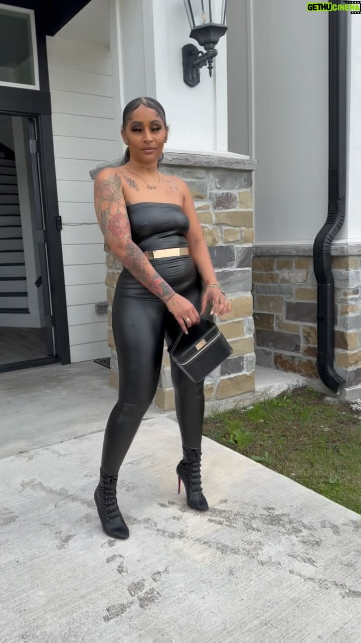 Brittney Bee Starr Williams Instagram - B L A C K🖤 S L E E K sexy leather halter jumpsuit LAWDDDD Shop the look @eleven22online