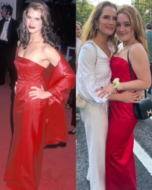 Brooke Shields Instagram - Two of my most favorite recent moments… each 22 years apart ❤️ This week Grier wore my @badgleymischka dress from 2001 to my @cafecarlyle premiere!! And #tbt to Rowan wearing my golden globes dress to prom. How cool is this?! 👯‍♀️