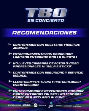Érika Villalobos Instagram - 🎉 ¡El gran día ha llegado! No te puedes perder el concierto  hoy en el Anfiteatro del Parque de la Exposición porque habrán muchas sorpresas y emociones.

⏰ Horarios:

18:00 Apertura de Puertas
18:00 DJ Cano
20:00 Alessia y Vambina
20:30 TBO

📍 Acceso: ¡Ingresa desde la avenida 28 de julio por la Puerta 1 del parque! 

🅿️ Estacionamiento con capacidad limitada por la puerta 1. ¡Llega con tiempo!

🍔🥤 Comida y Bebida: ¡No te preocupes por eso! Dentro del recinto tendrás acceso a deliciosos alimentos y refrescos.

🎟️ Entradas: Aún quedan algunas disponibles en @yapeoficial y @joinnus por el link de la bio , ¡habrá también boletería física en la puerta! No compres a revendedores.

🎊 ¡Prepárate para una noche inolvidable! ¡Nos espera una gran fiesta! 🎶✨
#tbo25años #modotorbellino 
@marcozunino_of @danielasarfati @gabocalvom @funkybroster @barbaracayo @fcayo @villaloboserika ❤️🔥🌪️ @djcano__  @alessiayvambina 
@radiocorazonperu @ron.cartavio
