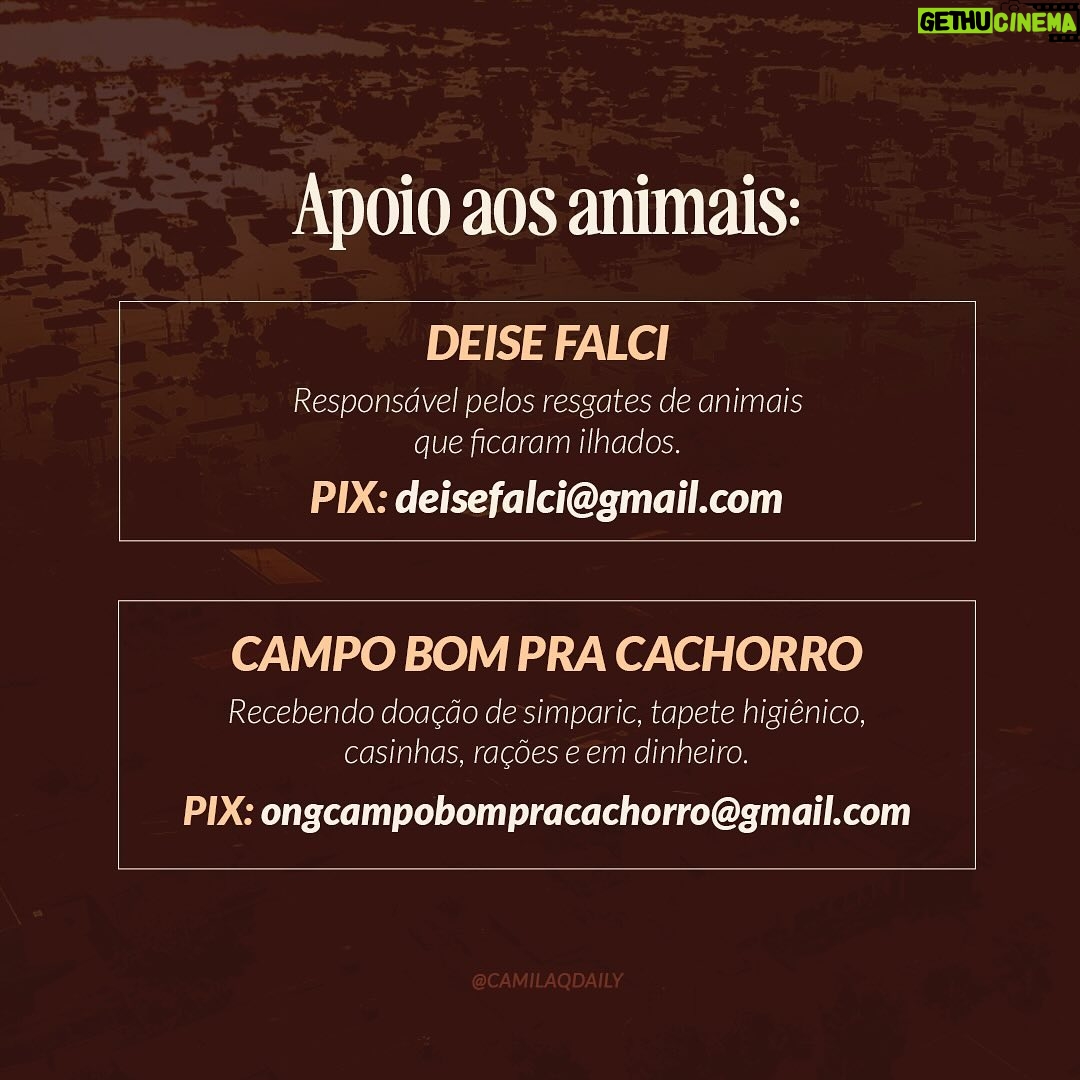 Camila Queiroz Instagram - Diante da situação de calamidade em que se encontra o Rio Grande do Sul, todos nós devemos nos mobilizar e ajudar de alguma maneira! Seja com alguma quantia financeira, com itens, com o tempo de voluntariado ou compartilhando informações verídicas e instituições verdadeiramente engajadas na causa. Por isso, separemos algumas organizações que estão empenhadas em ajudar o Sul em diversos âmbitos: com apoio às famílias locais, com resgate e cuidado de animais que ficaram ilhados, com suporte às populações indígenas e com auxílio para que as famílias encontrem crianças desaparecidas. Compartilhem para que cheguem a mais pessoas e ajudem da forma que puderem! Nesse momento, qualquer ajuda conta muito: ❤️🩹🙏🏻 #SOSRioGrandeDoSul