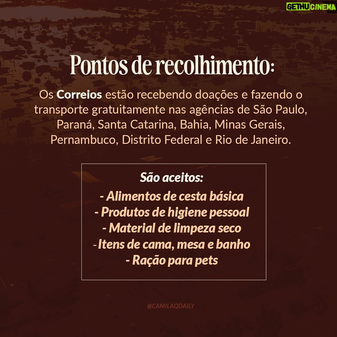 Camila Queiroz Instagram - Diante da situação de calamidade em que se encontra o Rio Grande do Sul, todos nós devemos nos mobilizar e ajudar de alguma maneira! Seja com alguma quantia financeira, com itens, com o tempo de voluntariado ou compartilhando informações verídicas e instituições verdadeiramente engajadas na causa. Por isso, separemos algumas organizações que estão empenhadas em ajudar o Sul em diversos âmbitos: com apoio às famílias locais, com resgate e cuidado de animais que ficaram ilhados, com suporte às populações indígenas e com auxílio para que as famílias encontrem crianças desaparecidas. Compartilhem para que cheguem a mais pessoas e ajudem da forma que puderem! Nesse momento, qualquer ajuda conta muito: ❤️🩹🙏🏻 #SOSRioGrandeDoSul