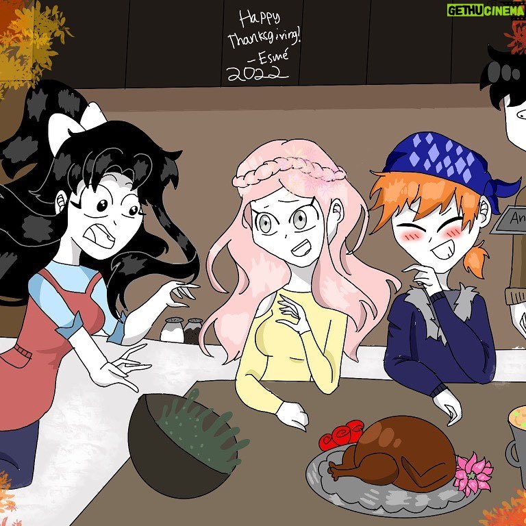 Cara Buono Instagram - Happy Thanksgiving! This is a guest post by Esmé, her art and love of the books “Hooky” by @miriambonastre The Hooky squad was debating who would cook dinner, and the only one who wanted to was Dani. (Much to their fear) but they stayed strong and put up with their inner sobbing. She decided to cook a simple dish, (not turkey) it turned out… a sort of… green mush instead. They were all terrified but luckily she tripped, (due to her clumsiness) and spilled the mush.(Probably better for their health) Also, luckily, Dorian had cooked soup and the most perfect turkey of the era. Dani was disappointed, (the others were ecstatic) but they comforted her and all had a an amazing Thanksgiving. … And then Nico got the flu.
