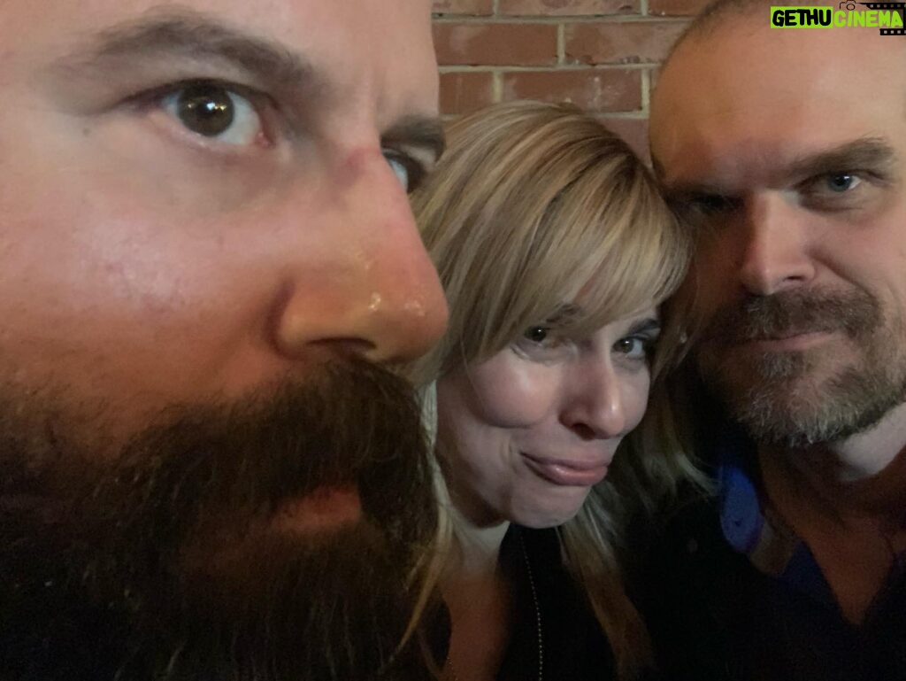 Cara Buono Instagram - #fbf to table read thru shenanigans. I think you guys were trying to scare me? I can’t believe that was 2020! @dkharbour @brettgelman #strangerthings #shenanigans #behindthescenes