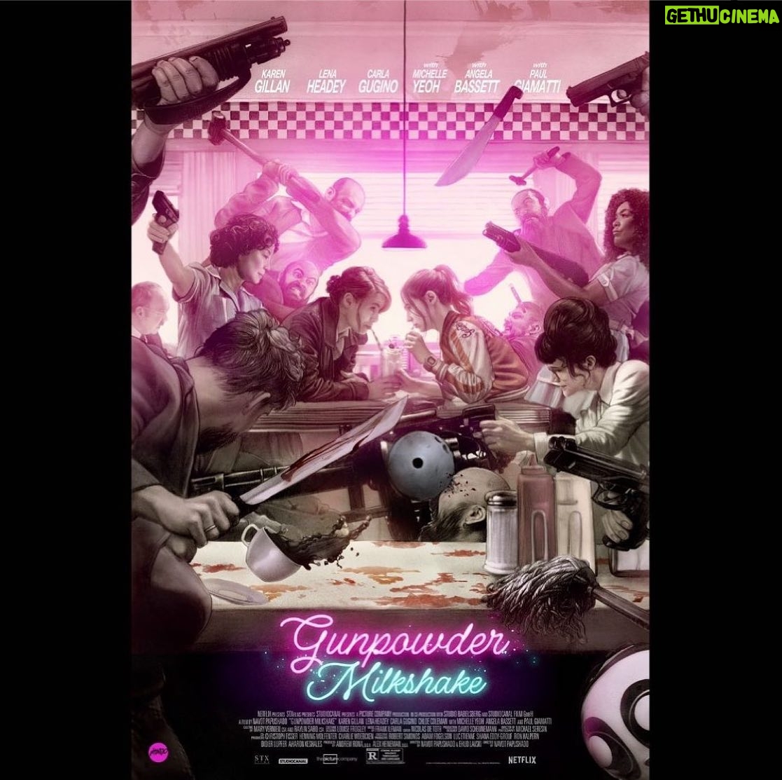 Carla Gugino Instagram - Rad new poster by @mondonews for @gunpowdermilkshake π₯π₯π₯ β’ Mondo poster for #gunpowdermilkshake out on @netflix πΊπΈ tomorrow!!!