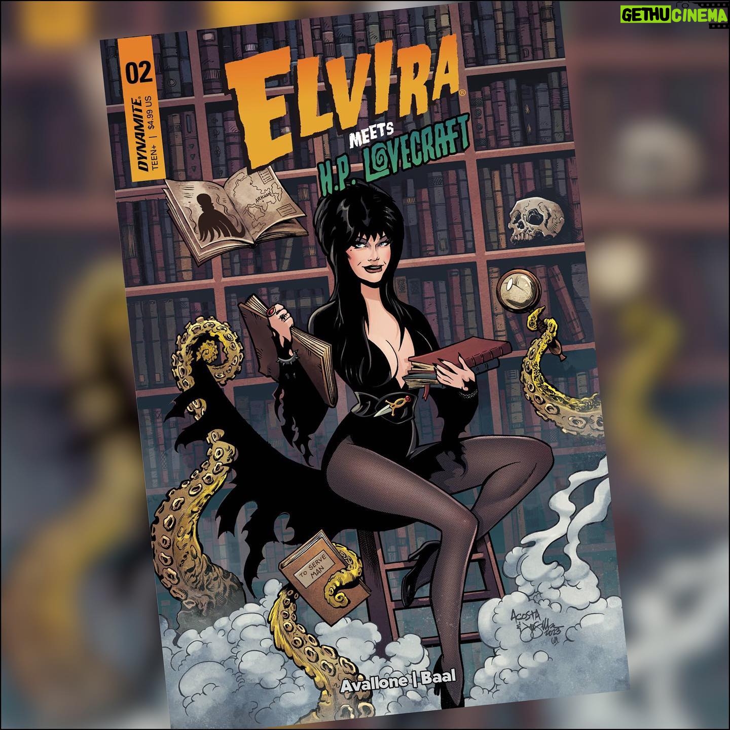 Cassandra Peterson Instagram - Elvira Meets H.P. Lovecraft issue #2 from @dynamitecomics is in stores now! Written by @david_avallone_freelance with covers by @davedrawsgood @kewberbaal @roberthack with photo cover by Lennon. #elvira #elviramistressofthedark #elvirameetshplovecraft #elviracomic #comic #comicbooks #ncbd #dynamitecomics