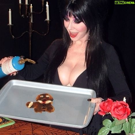Cassandra Peterson Instagram - Cooking With Evil 😈 Here’s a fun flashback clip from Gingerdead Man hosted by yours cruelly! #elvira #elviramistressofthedark #gingerdeadman #13nightsofelvira #flashbackfriday #horrormovies #horror