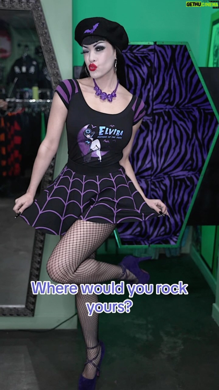 Cassandra Peterson Instagram - Get possessed by our new @therealelvira shoulder top! What would you wear with yours? 🖤💜 Model: @victoriavenin #kreepsville #kreepsville666 #elvira #gothstyle #creepycute #shouldertop #fashion #gothfashion #ootd #darkfashion 🖤✨