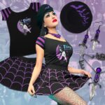 Cassandra Peterson Instagram - Channel your inner mistress of the dark with our new @therealelvira Shoulder Top! 🖤💜 Where would you rock this paranormal purple look? Model: @victoriavenin #kreepsville666 #kreepsville #Elvira #gothstyle #purpleoutfit #creepycute #gothfashion #spookyvibes #elviramistressofthedark #horrorhostess 🕷️✨