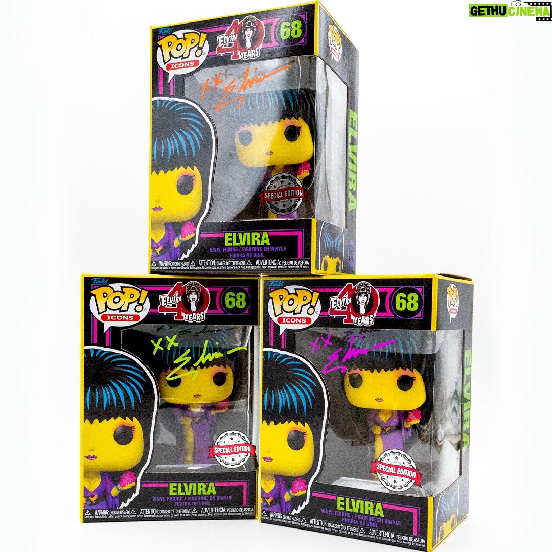 Cassandra Peterson Instagram - Who says you can’t find love in the dark? Light up your horror collection with a signed special edition Blacklight @therealelvira Funko Pop! 💜✨ Remember, things always look a little bigger and brighter under a blacklight