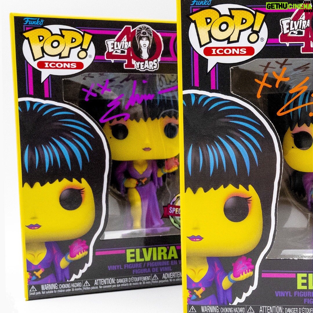 Cassandra Peterson Instagram - Who says you can’t find love in the dark? Light up your horror collection with a signed special edition Blacklight @therealelvira Funko Pop! 💜✨ Remember, things always look a little bigger and brighter under a blacklight