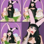 Cassandra Peterson Instagram - Love! Haha 🖤 @spookylilpeach recreated my Easter Bunny photo shoot! 🐇🥚💐 #elvira #elviramistressofthedark