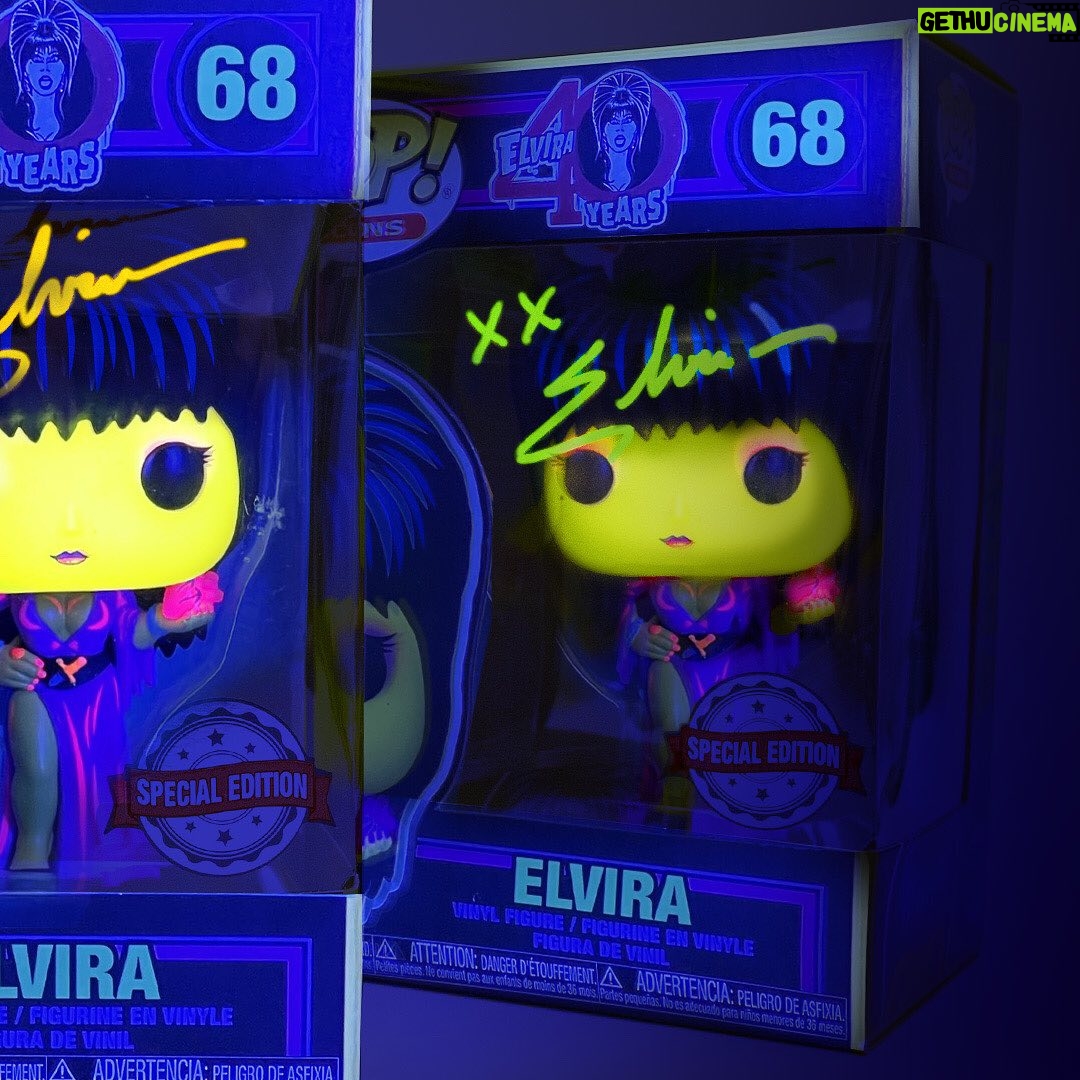 Cassandra Peterson Instagram - Who says you can’t find love in the dark? Light up your horror collection with a signed special edition Blacklight @therealelvira Funko Pop! 💜✨ Remember, things always look a little bigger and brighter under a blacklight