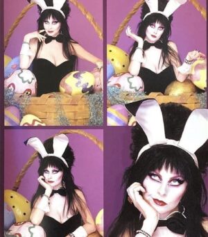 Cassandra Peterson Instagram - Love! Haha 🖤 @spookylilpeach recreated my Easter Bunny photo shoot! 🐇🥚💐

#elvira #elviramistressofthedark