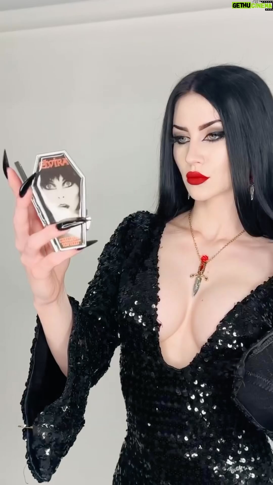 Cassandra Peterson Instagram - Never miss a touch-up with our @therealelvira coffin compact- a must-have for every gothic glam kit! π€β¨ Model: @elisawiitch #kreepsville #kreepsville666 #elvira #gothicbeauty #coffincompact #elviramistressofthedark #gothglam