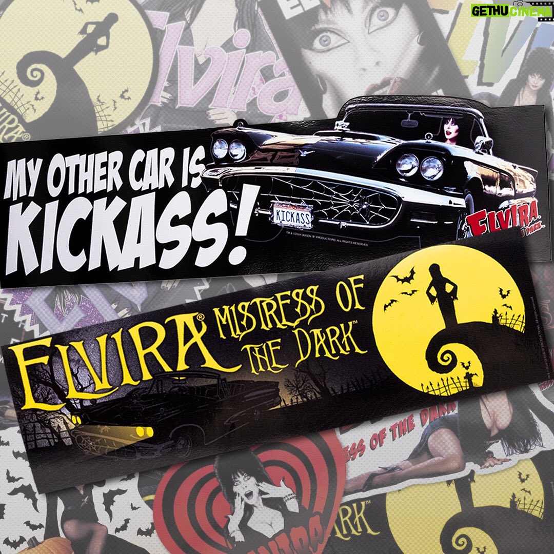 Cassandra Peterson Instagram - Got a favorite place you’d like the Mistress of the Dark to haunt? Grab some of our new spooky @therealelvira stickers and adorn your world with a touch of her dark charm! #elvira #elviramistressofthedark #elvirasbootique #elvirastickers #sticker #stickers #halloweenstickers #horrorstickers #bumpersticker #halloween